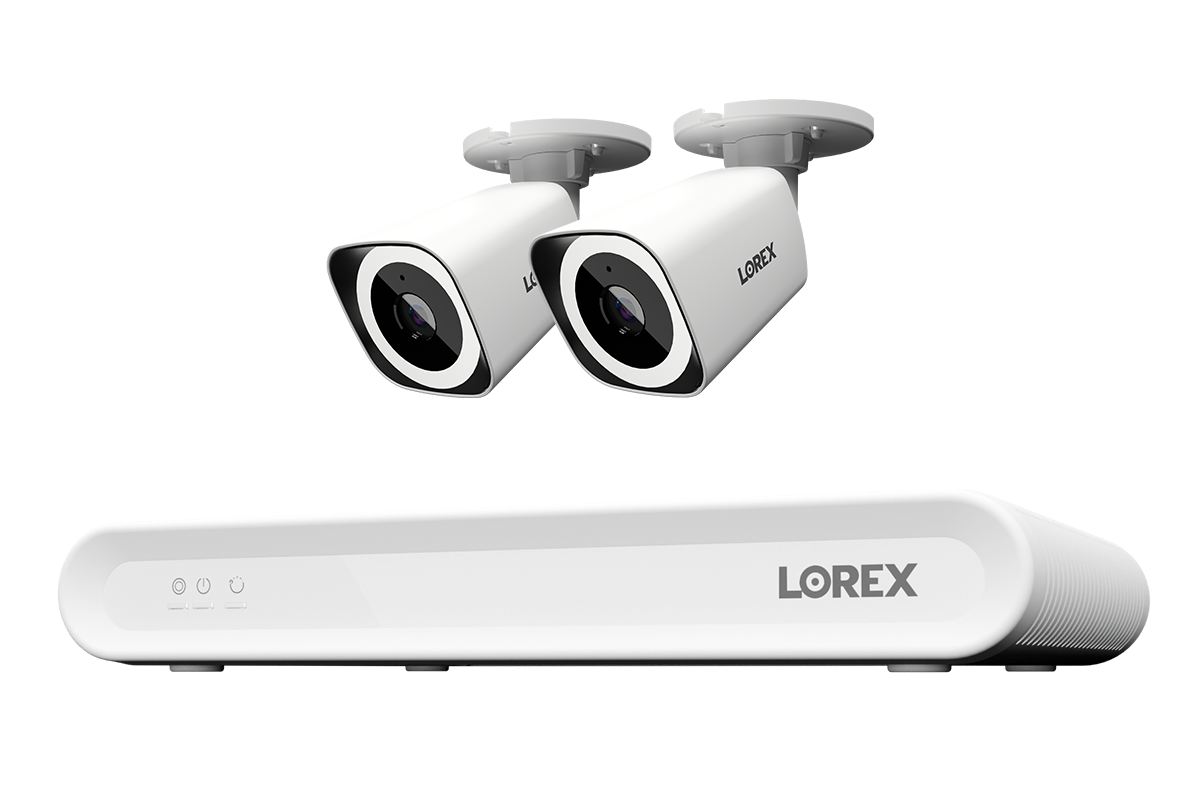Lorex Connect V Series 8-channel NVR system with white V3 4K PoE bullet cameras, 2-camera option