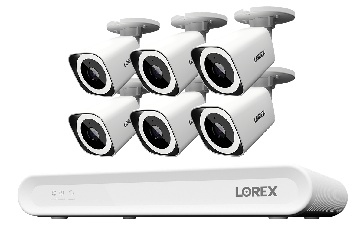 Lorex Connect V Series 8-channel NVR system with white V3 4K PoE bullet cameras, 6-camera option