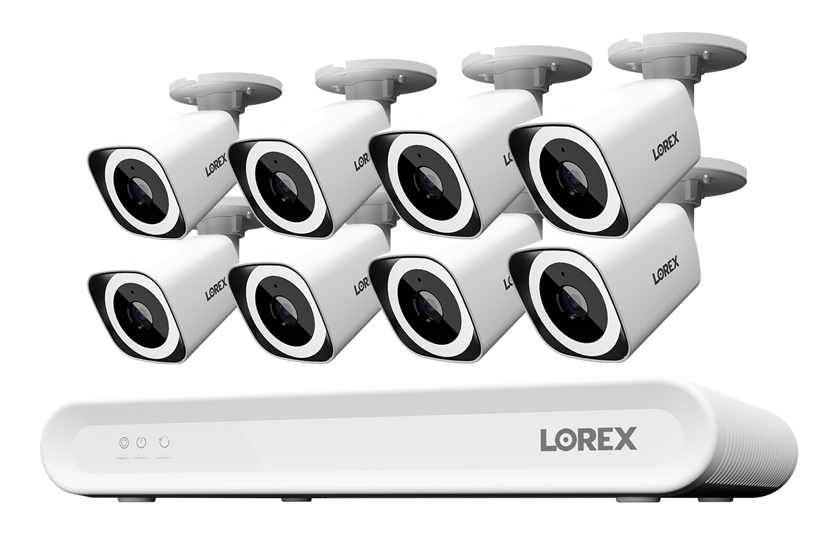 Lorex Connect V Series 8-channel NVR system with white V3 4K PoE bullet cameras, 8-camera option