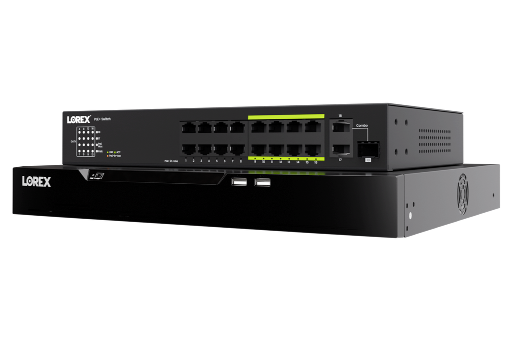 Lorex Connect XC 4K 32-channel commercial NVR with a 16-port PoE switch and 8TB storage