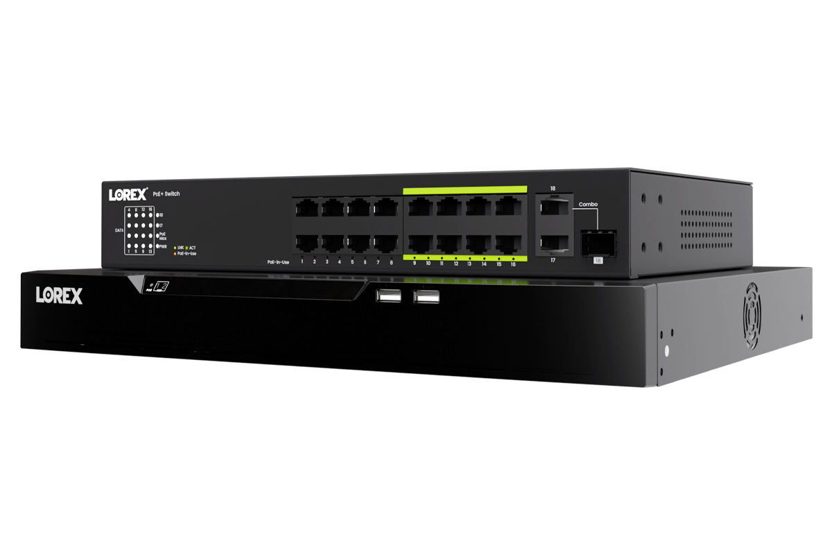 Lorex Connect XC 4K 32-channel commercial NVR with a 16-port PoE switch and 8TB storage