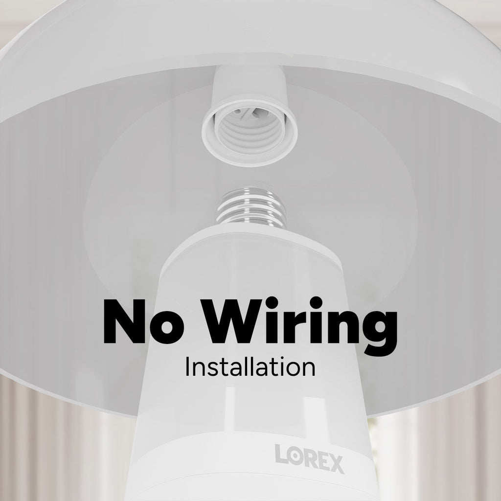 Close up of a white Lorex Connect lightbulb camera with No Wiring Installation text overlay