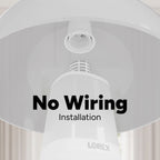 Close up of a white Lorex Connect lightbulb camera with No Wiring Installation text overlay