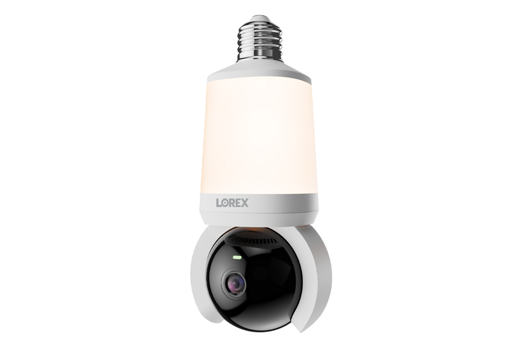 Lorex Connect 2K Wi Fi Smart Lightbulb Pan Tilt Camera with bulb above and camera below