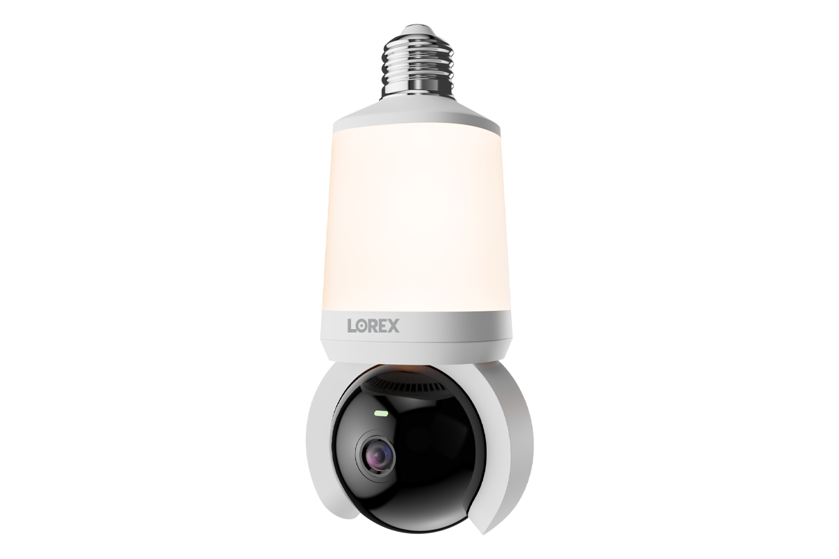Lorex Connect 2K Wi Fi Smart Lightbulb Pan Tilt Camera with bulb above and camera below
