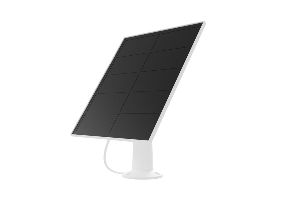Solar panel on a white stand designed for Lorex battery-operated cameras.