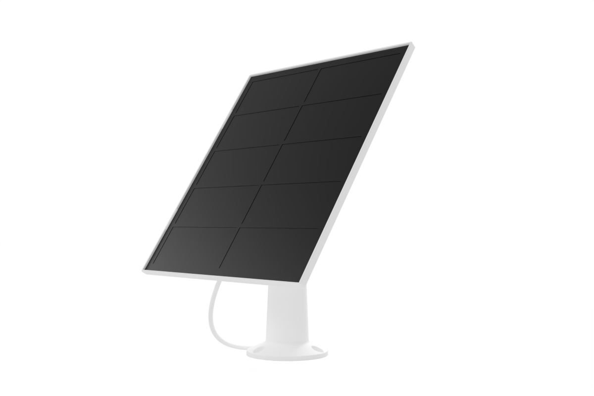 Solar panel on a white stand designed for Lorex battery-operated cameras.