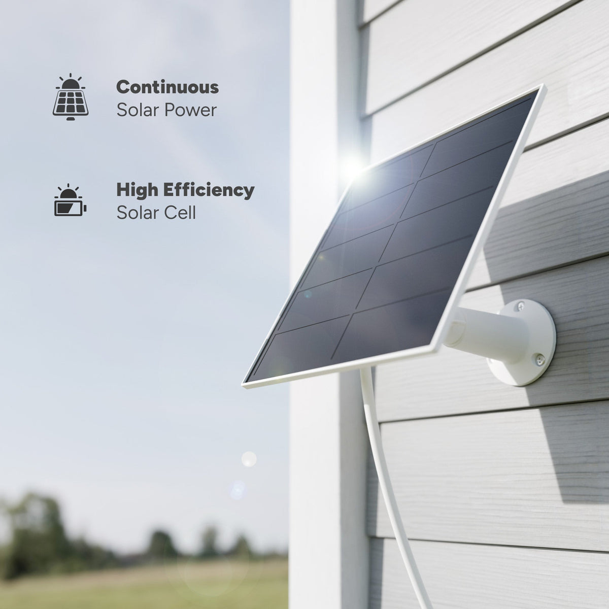 Promotional banner showing Continuous Solar Power and High Efficiency Solar Cell beside a tilted solar panel on a wall.