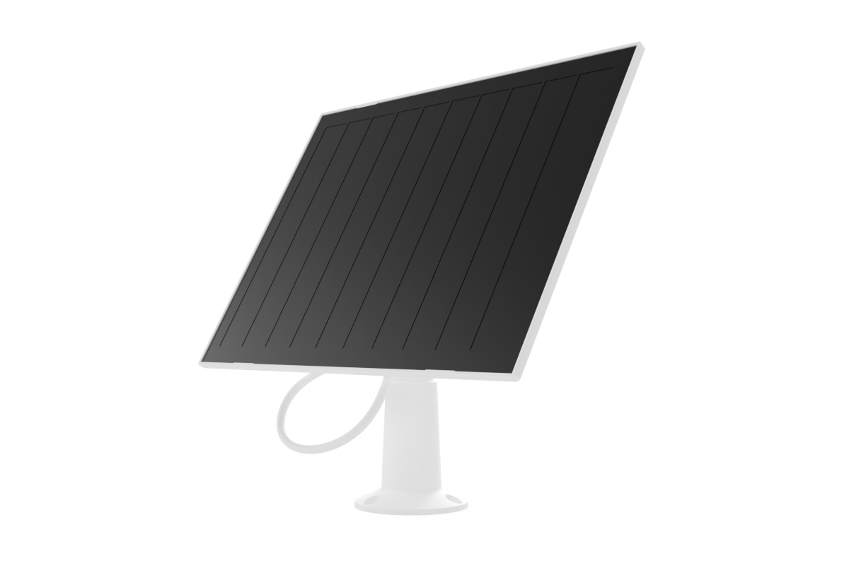 Angled solar panel for Lorex battery-operated cameras mounted on a white stand.