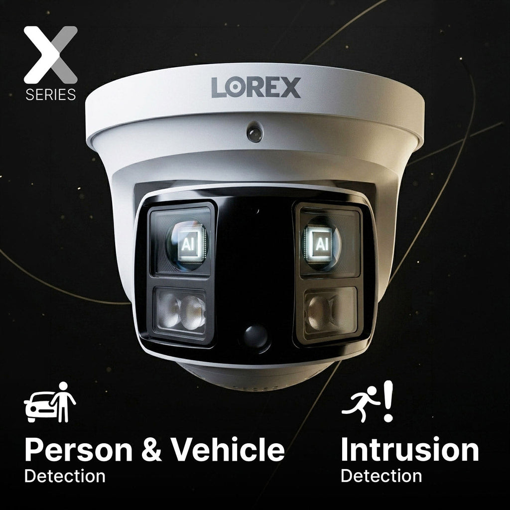 Lorex X Series 4K dual-lens turret camera with person and vehicle detection and intrusion detection icons