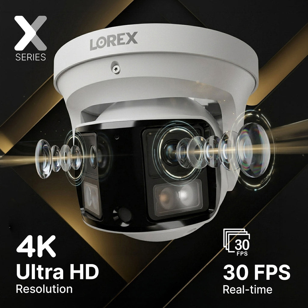 Close up of Lorex X Series dual-lens turret camera featuring 4K Ultra HD and 30 FPS real-time performance