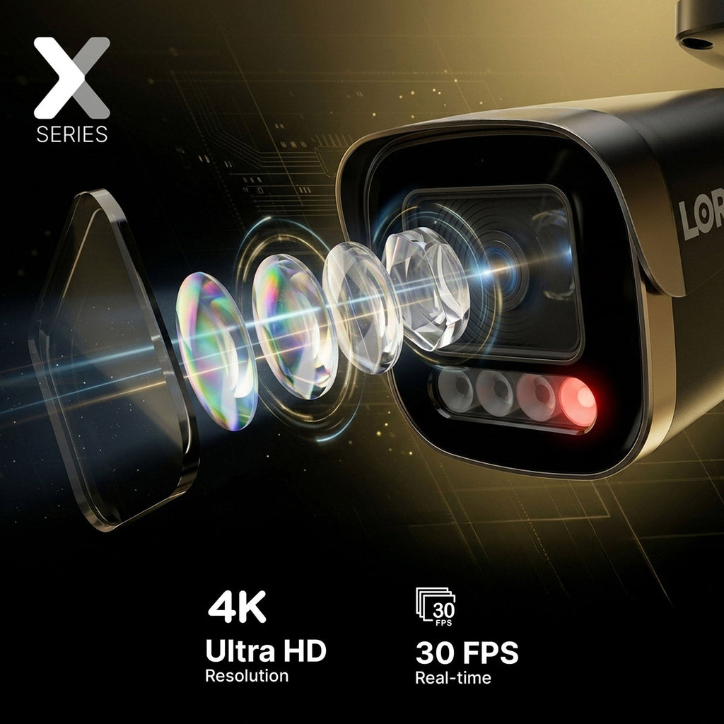 Close up of a Lorex X Series security camera lens with AI symbol against a circuit backdrop