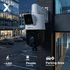 Outdoor Lorex surveillance camera mounted on a brick wall overlooking a parking area with line crossing and people counting indicators