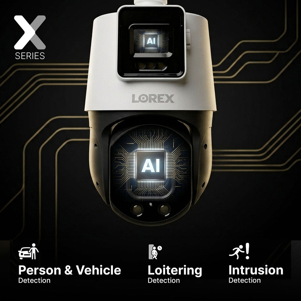 Close up of Lorex X Series AI security camera head highlighting person and vehicle detection, loitering detection and intrusion detection