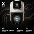 Close up of Lorex X Series AI security camera head highlighting person and vehicle detection, loitering detection and intrusion detection