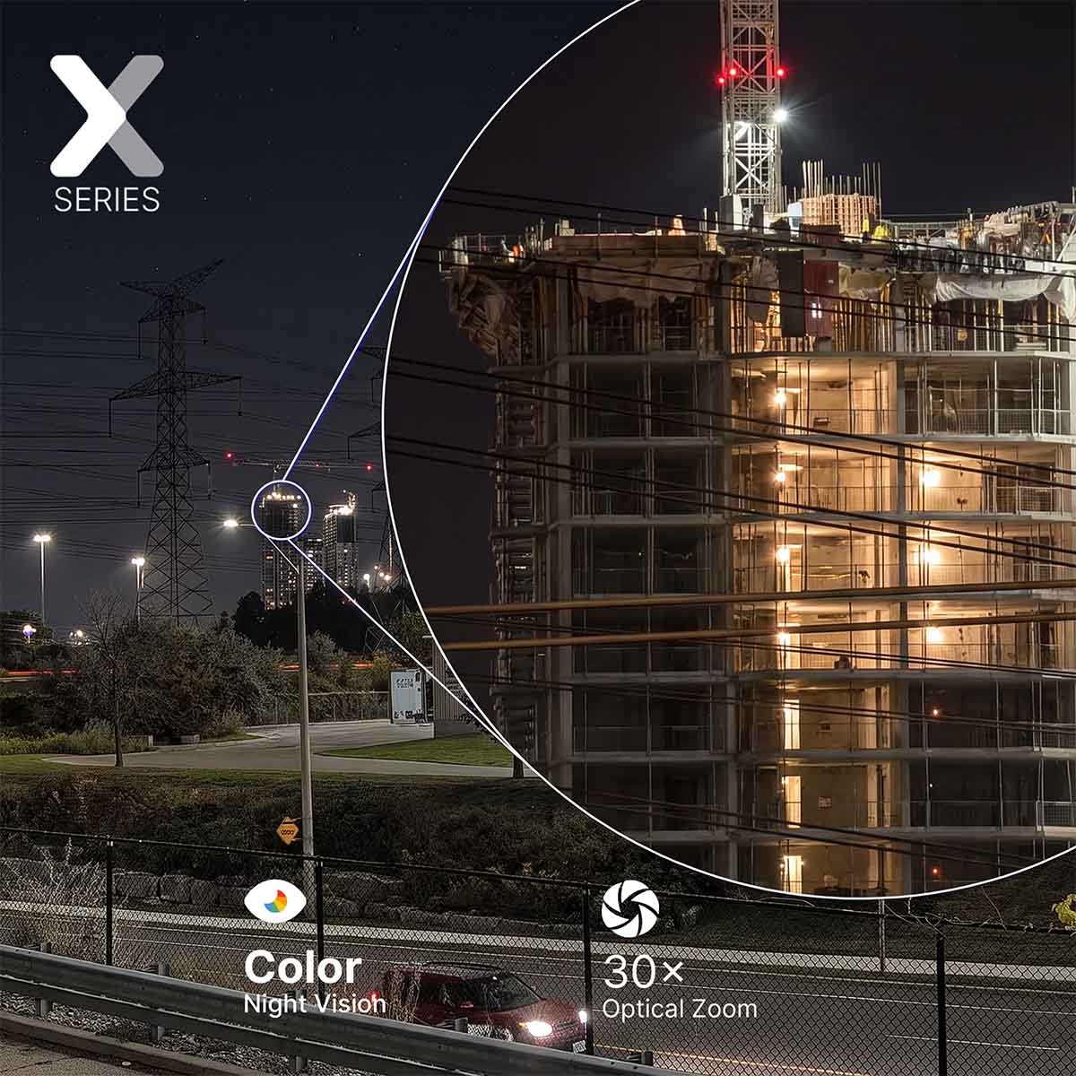 Lorex X Series promotional image at night showing icons for color night vision and 30x optical zoom