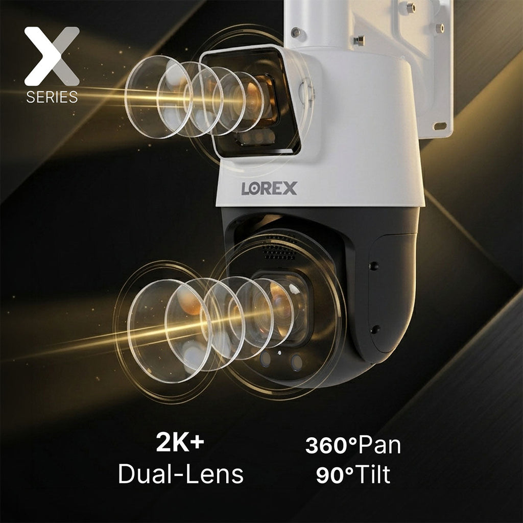 Lorex Connect X Series 2K+ dual-lens PTZ camera with 360 pan and 90 tilt mounted on a building exterior