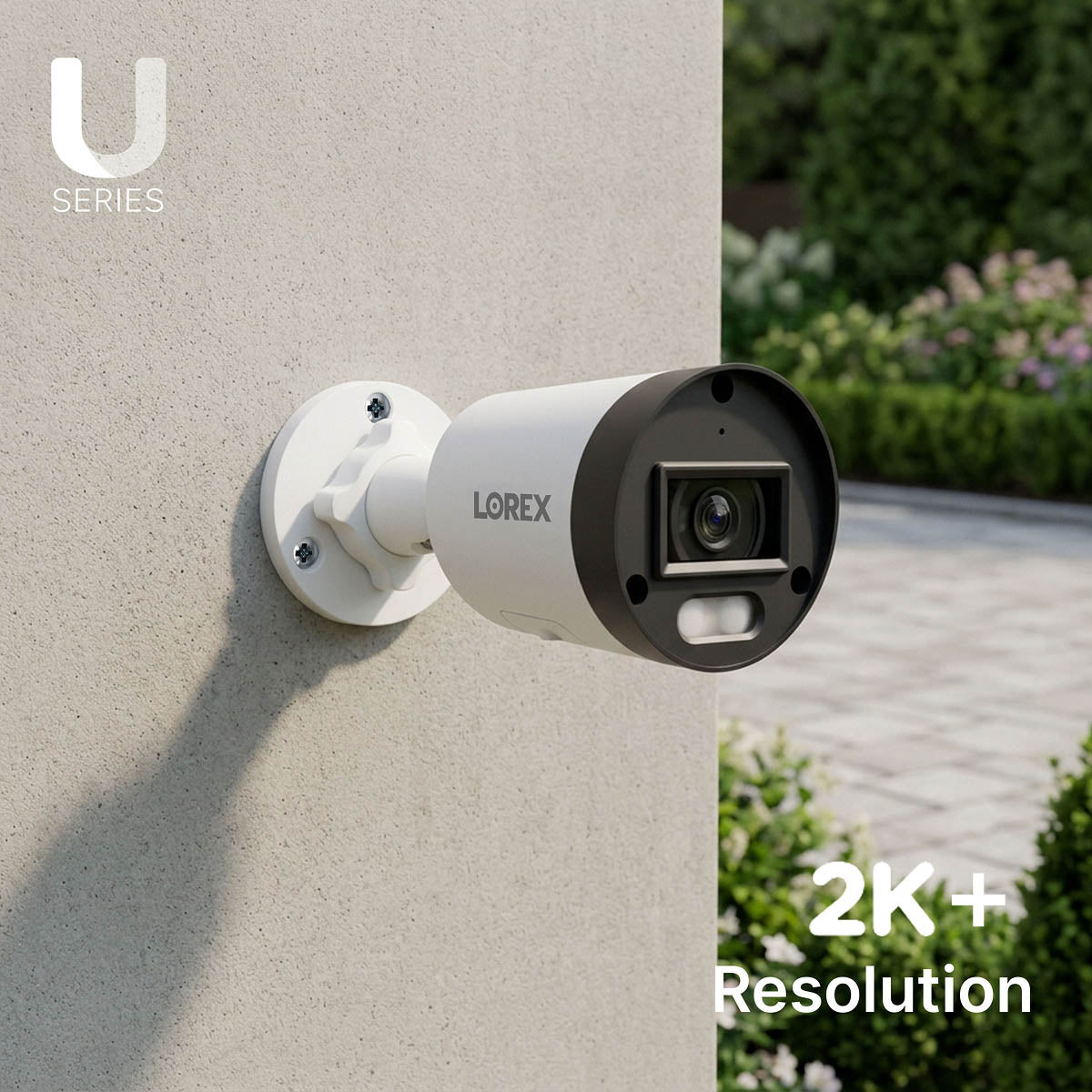 Lorex U Series outdoor security camera mounted to a beige wall with a 2K+ resolution badge