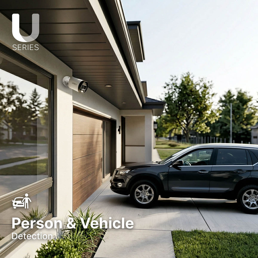 Outdoor Lorex security camera mounted on a house featuring person and vehicle detection