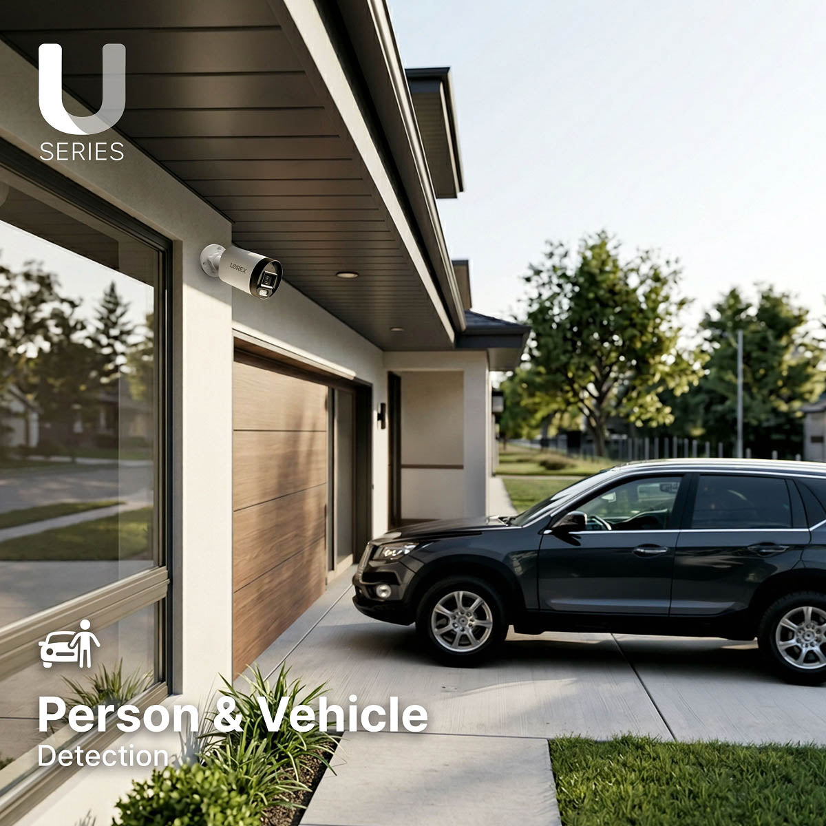 Outdoor Lorex security camera mounted on a house featuring person and vehicle detection