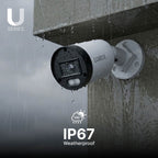 Lorex U Series bullet camera in rain with IP67 Weatherproof label
