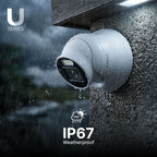 Lorex U Series weatherproof outdoor turret camera mounted on a wall in rain IP67