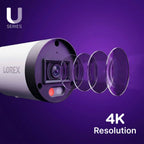 Close-up of a Lorex 4K camera module against a purple background with 4K Resolution text