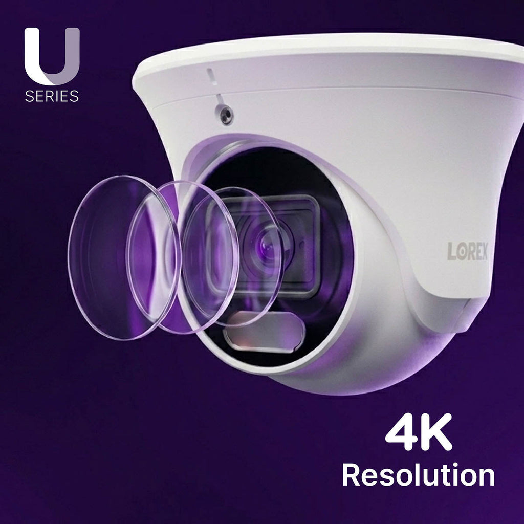 Close up of a Lorex U Series 4K turret security camera with a purple lens against a dark purple background