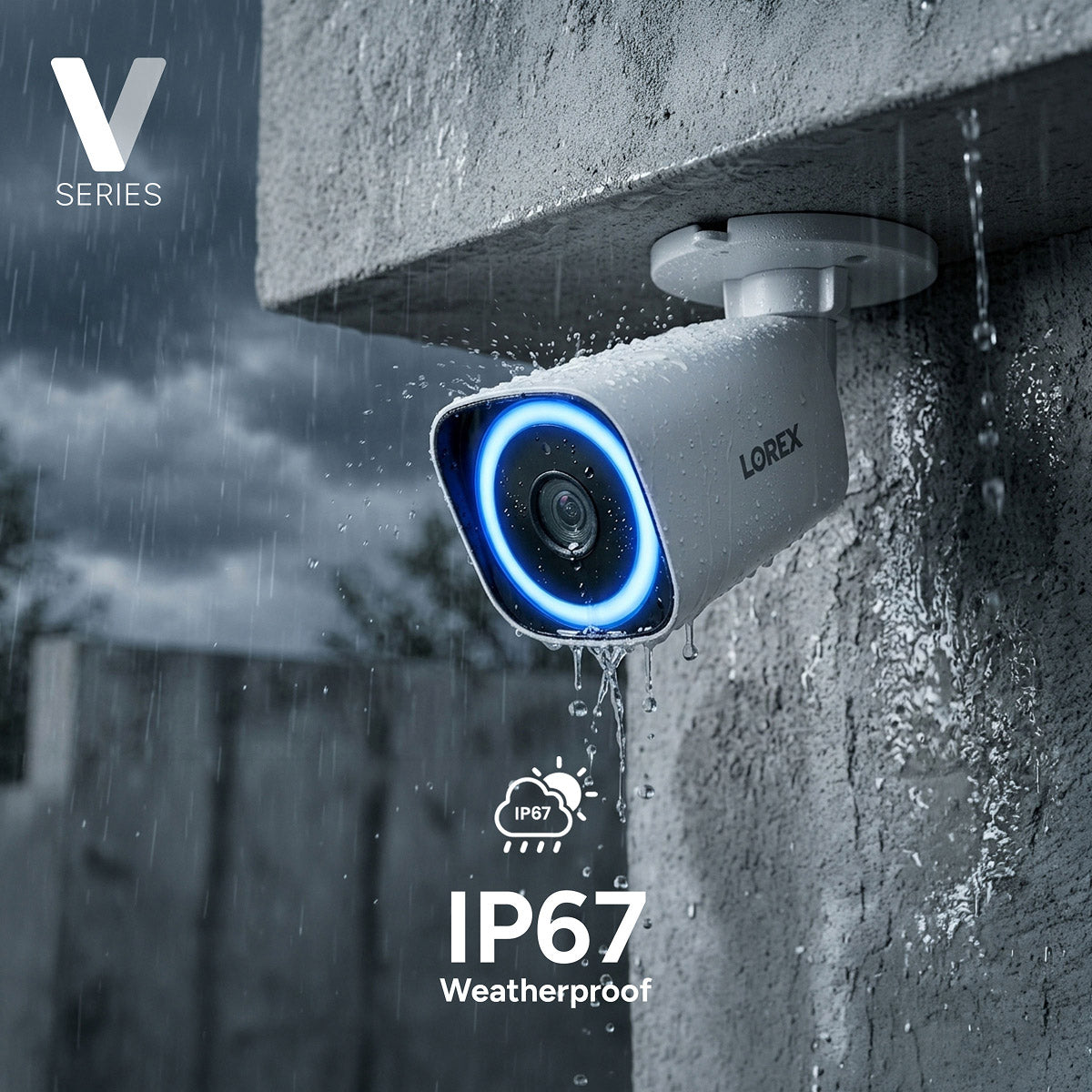 Lorex V Series outdoor 4K camera with blue LED ring mounted in rain showing IP67 Weatherproof