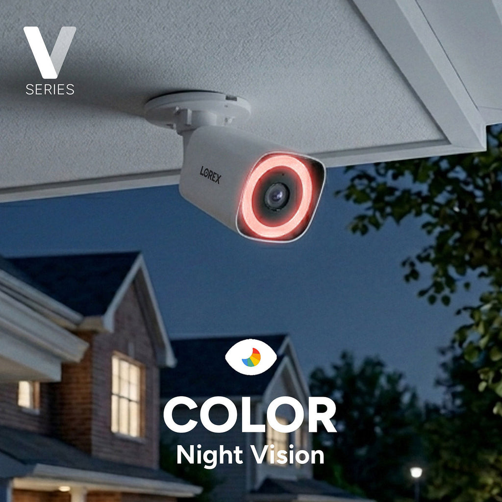 Lorex V Series outdoor bullet camera with a red night vision ring mounted under a porch