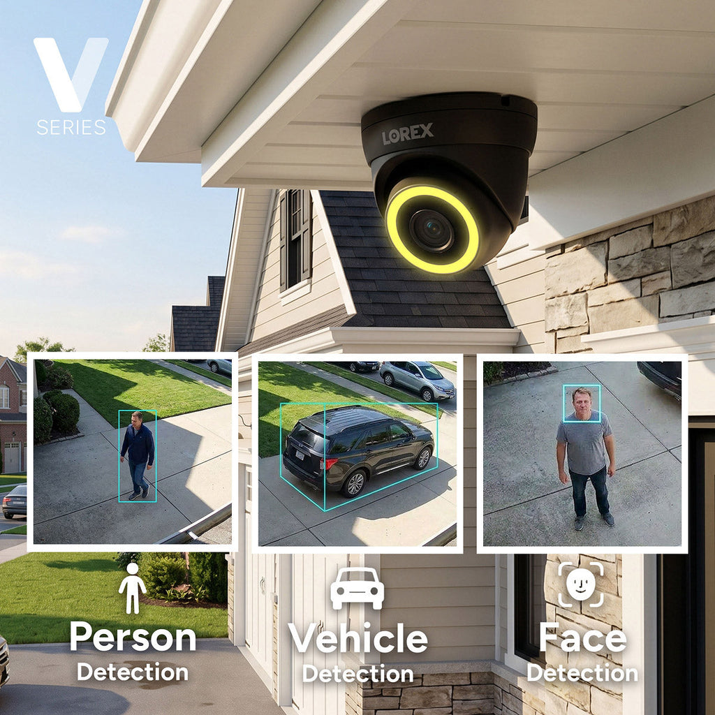Lorex V Series outdoor 4K turret camera mounted on a house with blue ring in rainy conditions