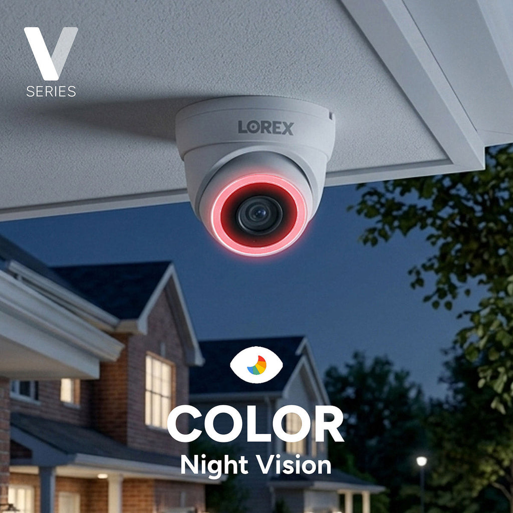 Lorex V Series white turret security camera with red night vision ring mounted under a ceiling