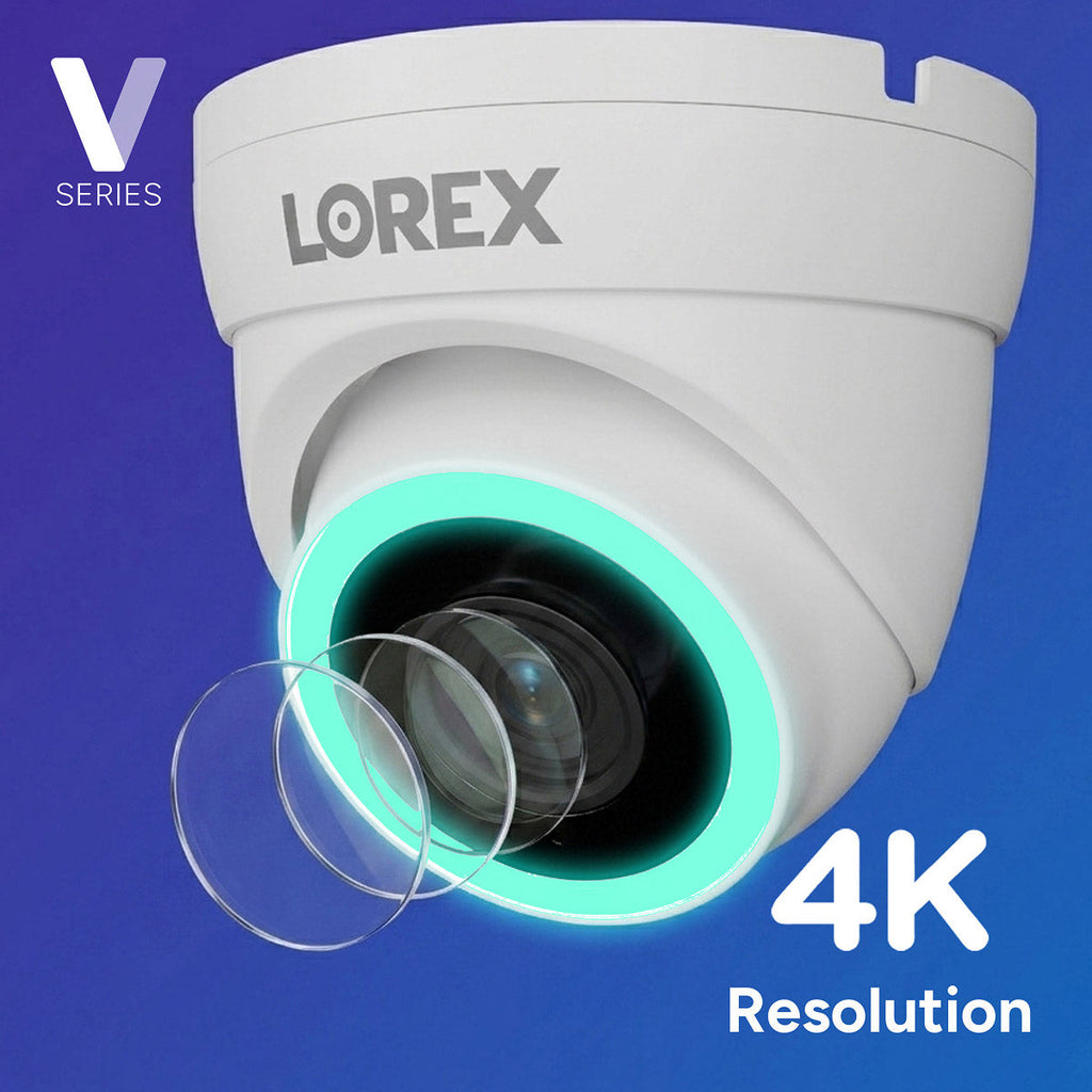 Lorex Connect V5 4K PoE turret camera with color night vision ring against a blue background