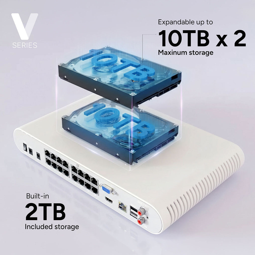Lorex V Series NVR with two stacked 10TB drives showing expandable storage