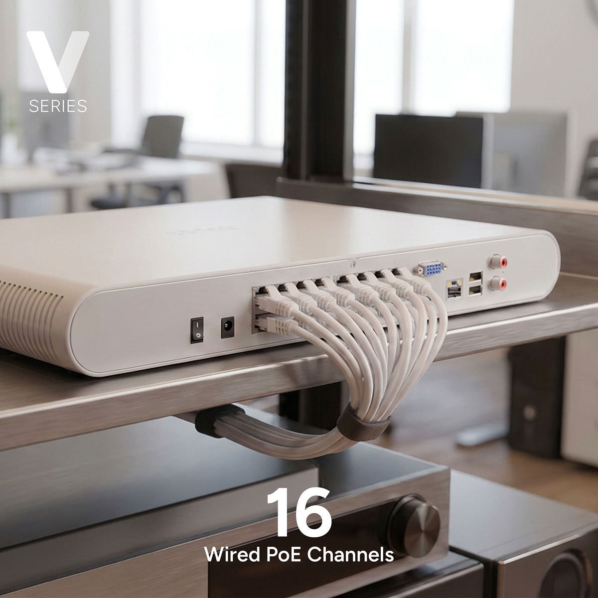 Lorex Connect VF 4K NVR with 16 wired PoE ports and bundled cables on a desk