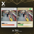 Lorex app interface showing Nano Intelligence Codec on and off panels with storage indicators