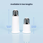 Two white socket extenders in different heights shown side by side against a blue background indicating two length options