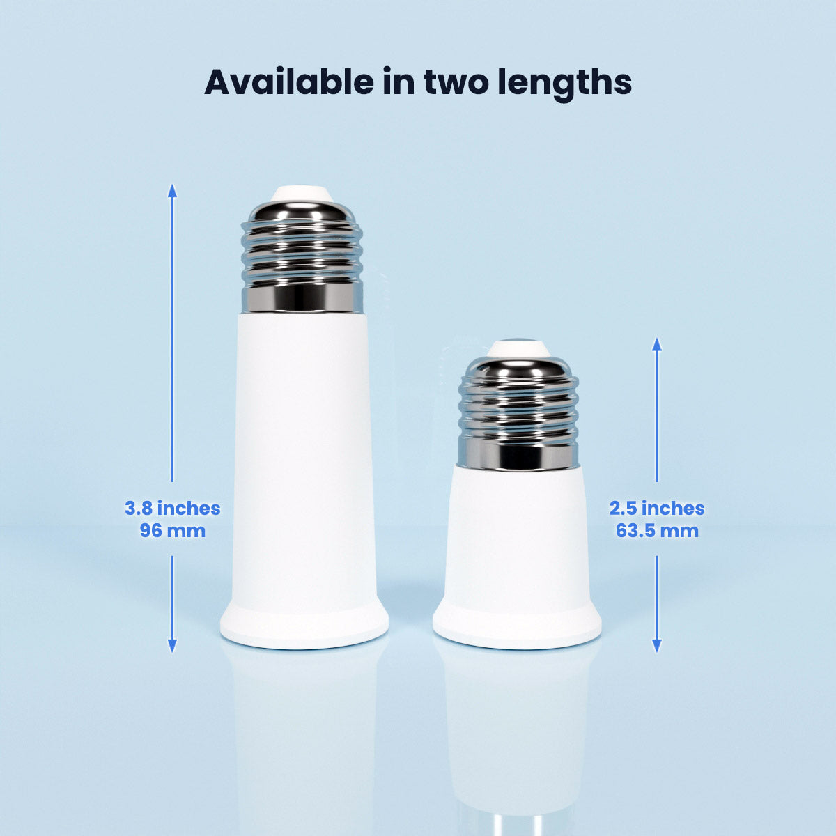 Two white socket extenders in different heights shown side by side against a blue background indicating two length options
