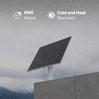 Lorex solar panel installed on a roof in rainy weather with IP65 rating and cold and heat resistance icons.
