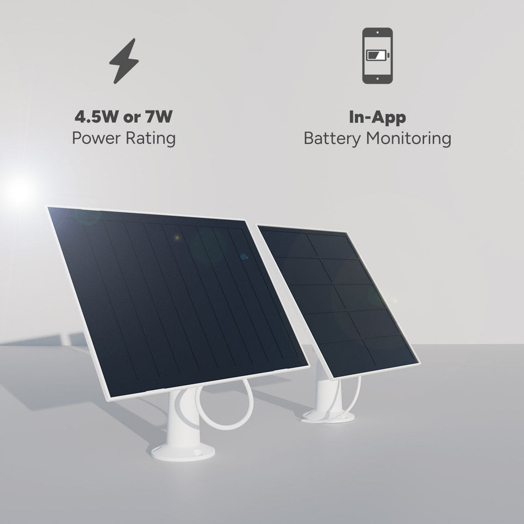 Two Lorex solar panels on white stands showing 4.5W or 7W power rating and in app battery monitoring.