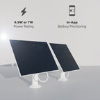 Two Lorex solar panels on white stands showing 4.5W or 7W power rating and in app battery monitoring.