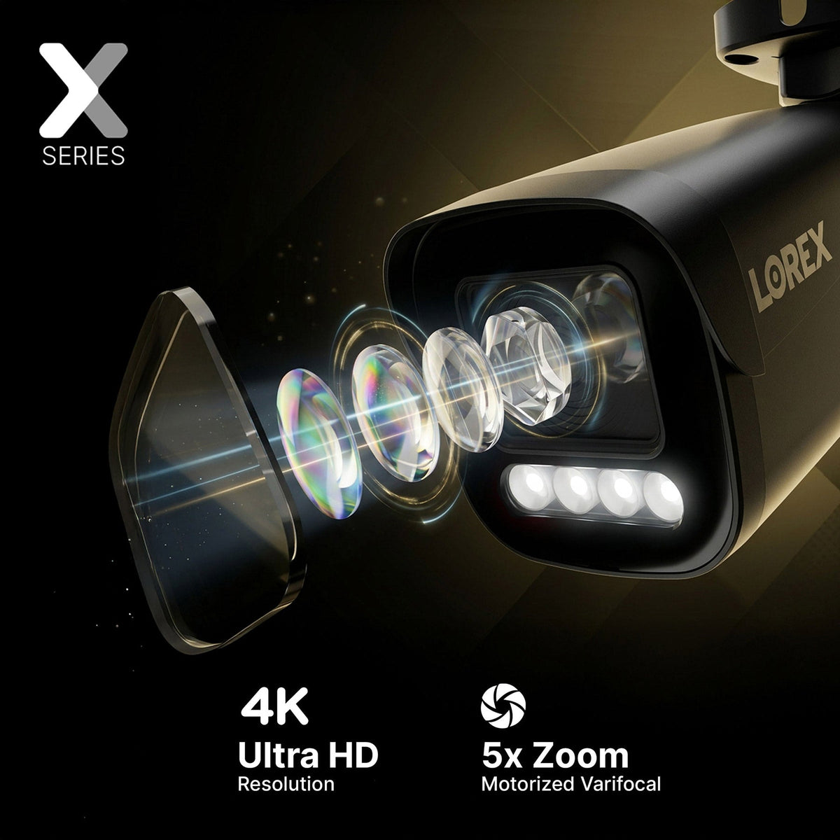 Close-up of Lorex Connect X Series 4K NVR system with X3 bullet camera lens