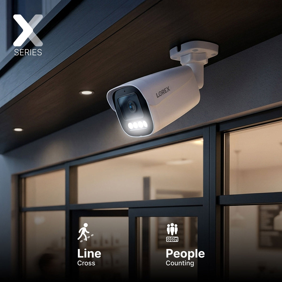 Close-up of Lorex 4K security camera lens with AI processing emblem and LEDs