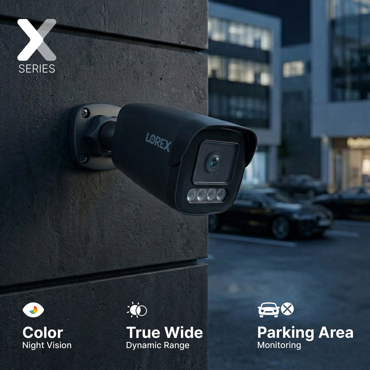 Lorex X Series 4K bullet security camera mounted on a textured wall