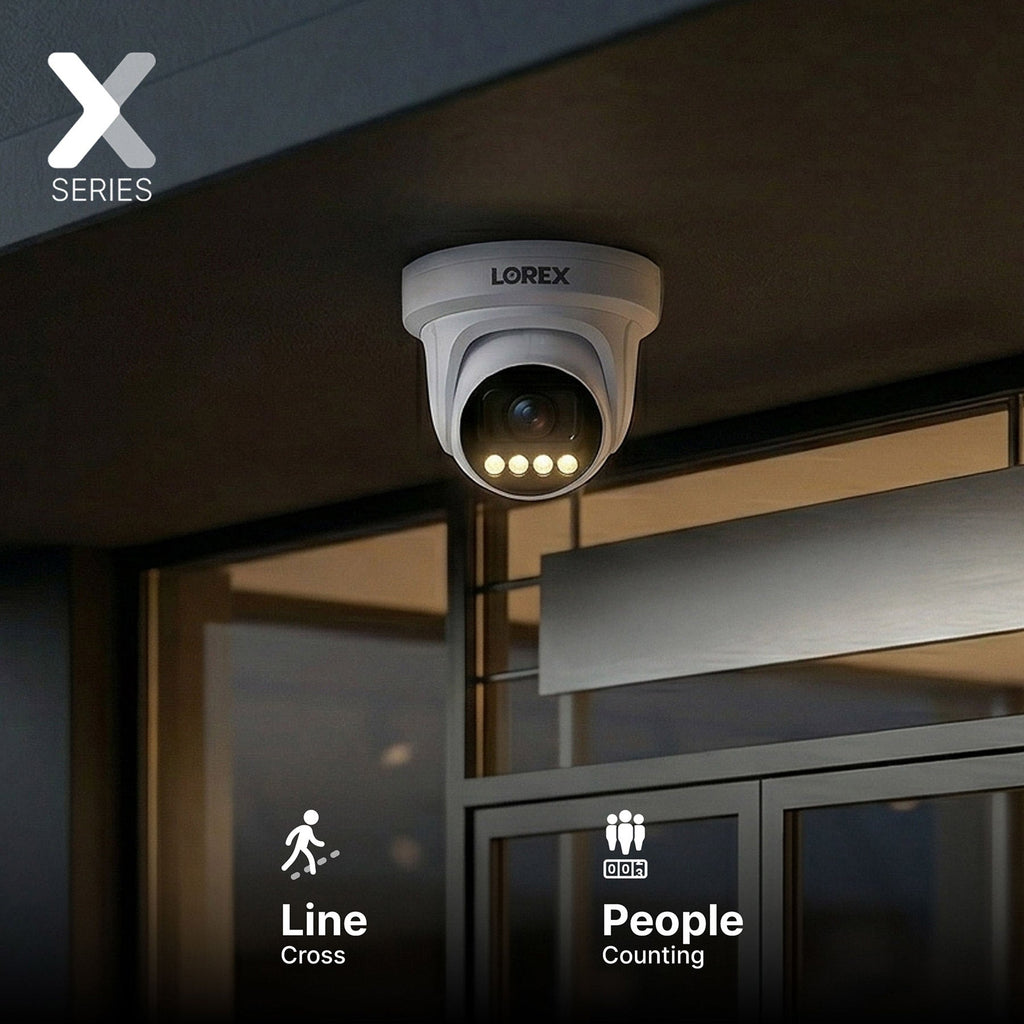 Lorex turret camera with AI emblem on the front lens housing