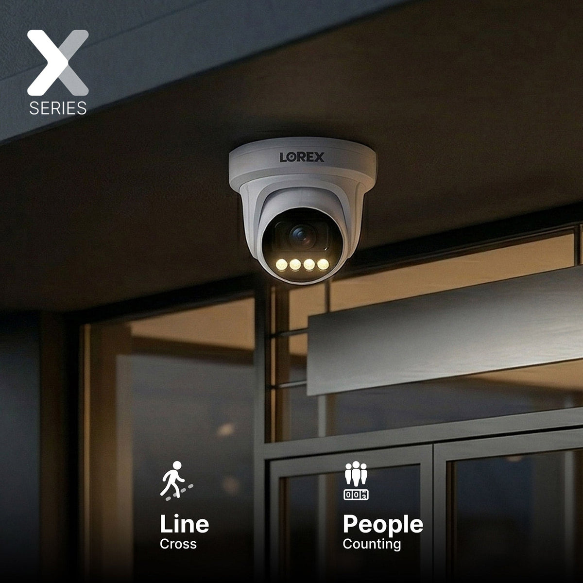 Lorex turret camera featuring AI emblem on the front lens housing