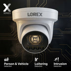 Indoor close up of Lorex X Series turret security camera mounted on ceiling