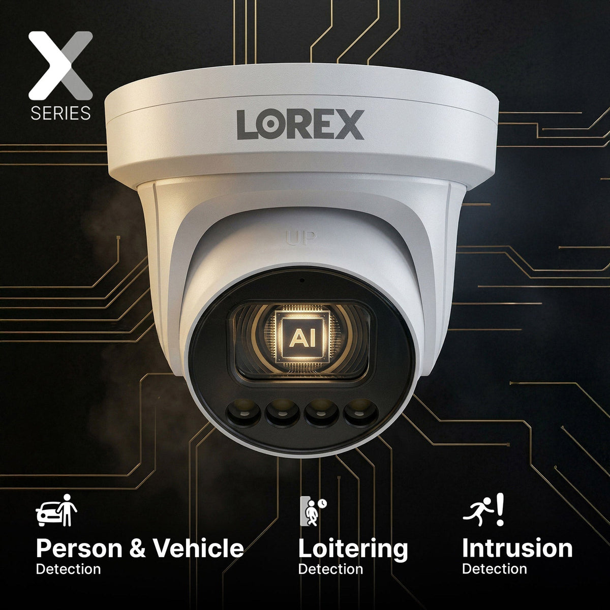 Indoor close up of Lorex X Series turret security camera mounted on ceiling