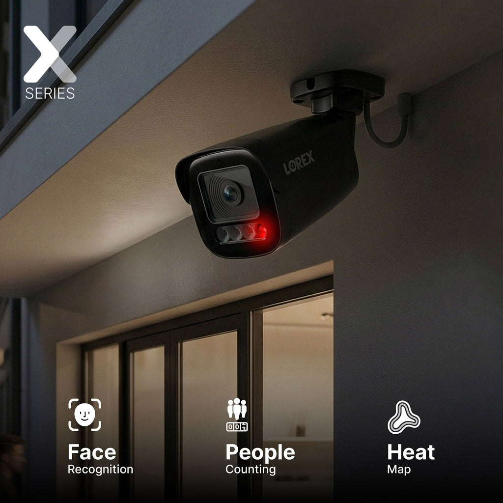 Lorex X Series 4K security camera mounted under a ceiling beam