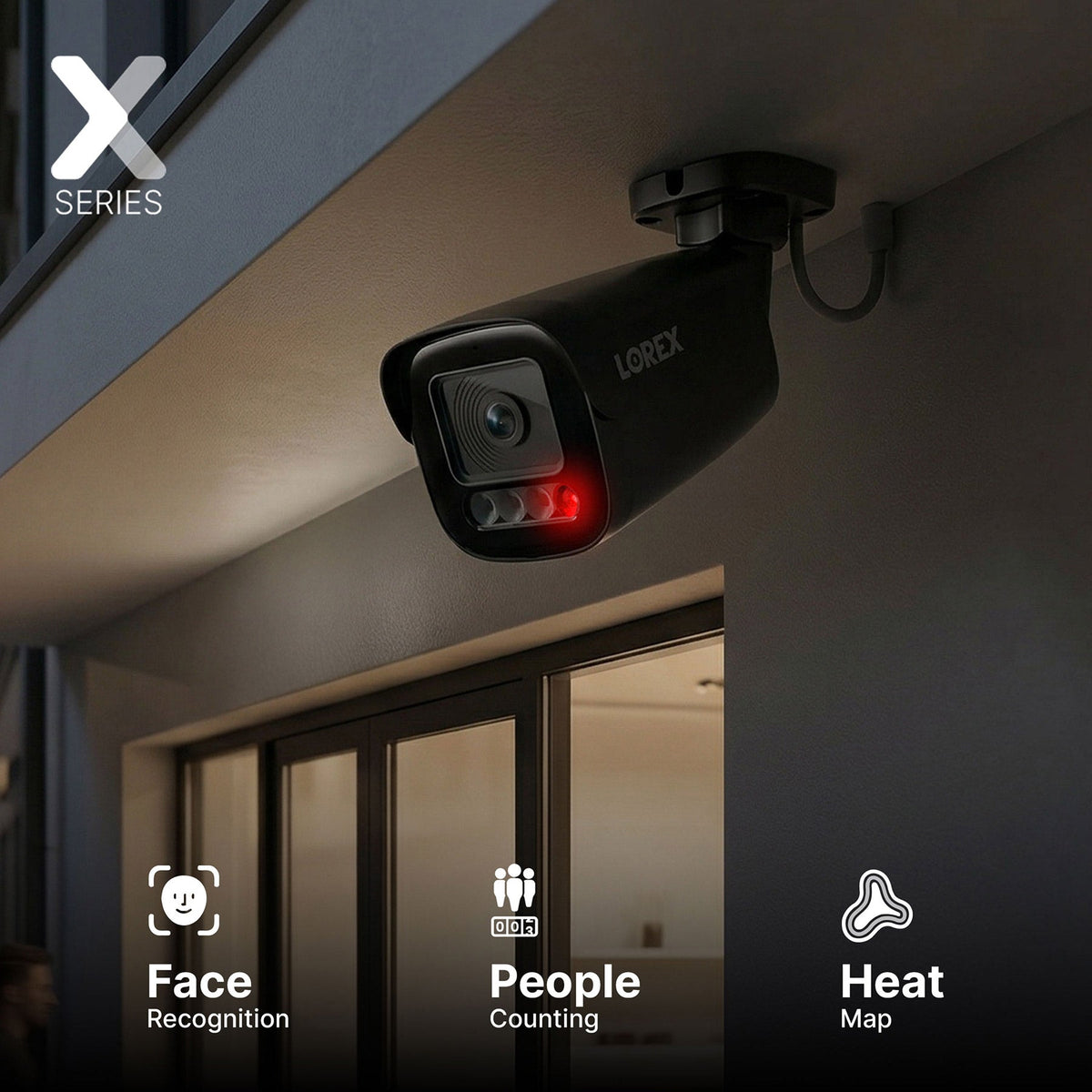 Close-up of Lorex X Series 4K security camera mounted under a ceiling beam